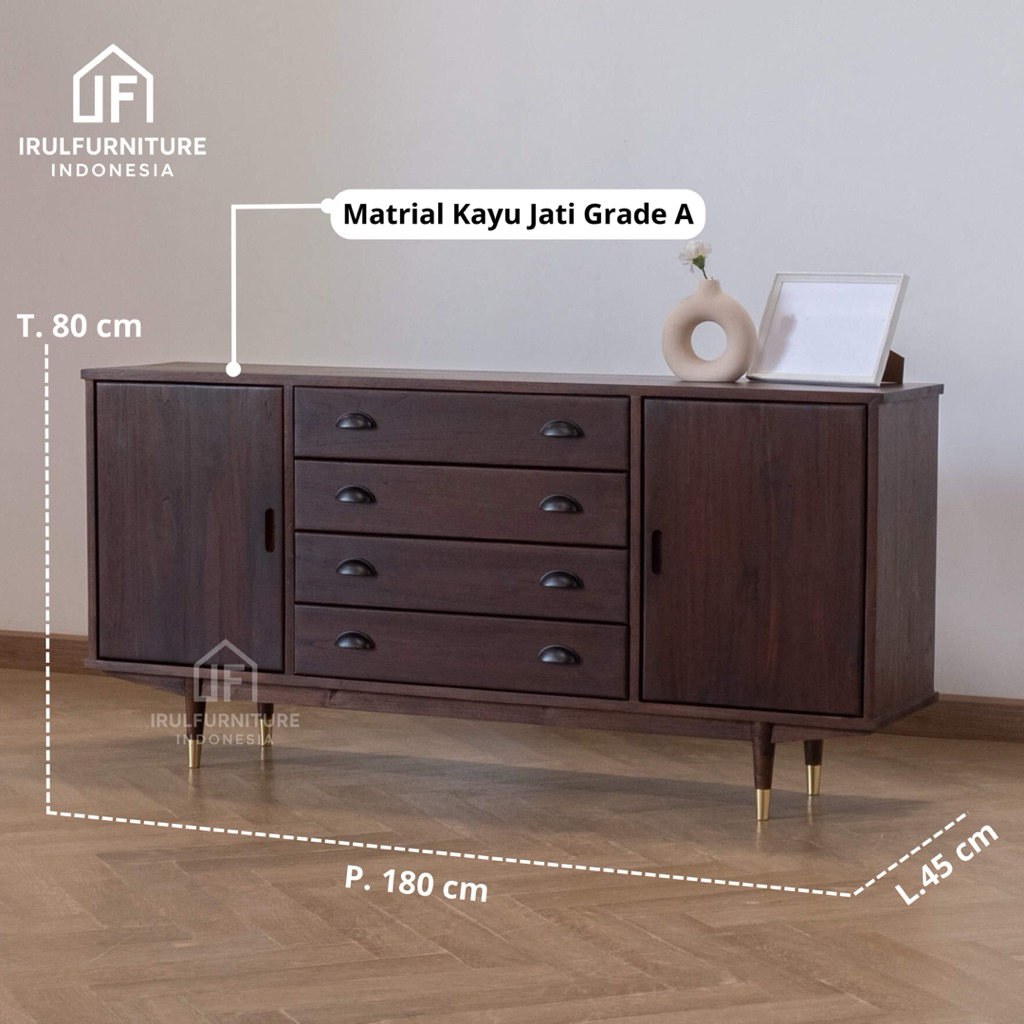 Bufet Kayu Jati Minimalis Modern | Lemari Penyimpanan Kayu Jati Grade A | Credenza Kayu Jati Elegan 