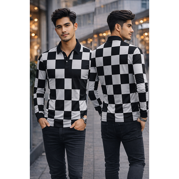 Baju POLO CATUR // Kaos Baju Polo Tangan Panjang CATUR // Baju Polo Wangky Motif Catur Kotak Kotak H