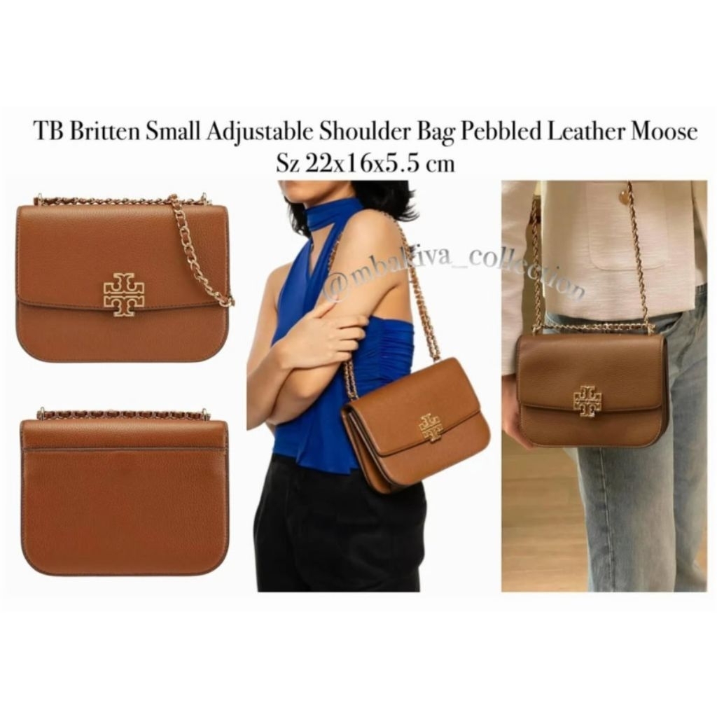 TB Britten Small Adjustable Shoulder Bag Pebbled Leather Moose