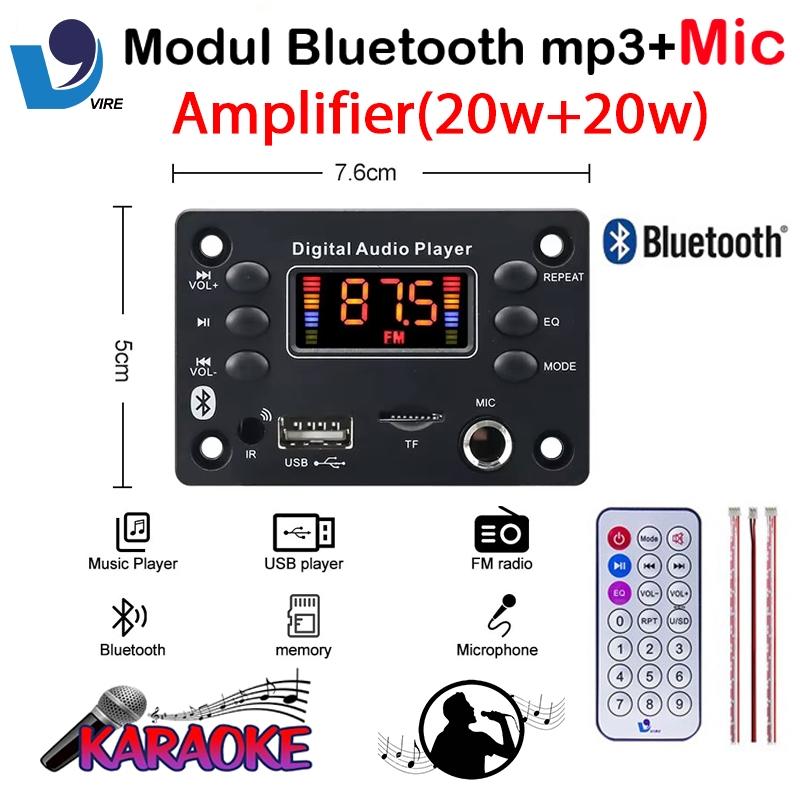 VIRE 20W*2 Dual Channel Bluetooth Stereo Audio Amplifier MP3 Player Module Karaoke  DC 12V  Mikrofon