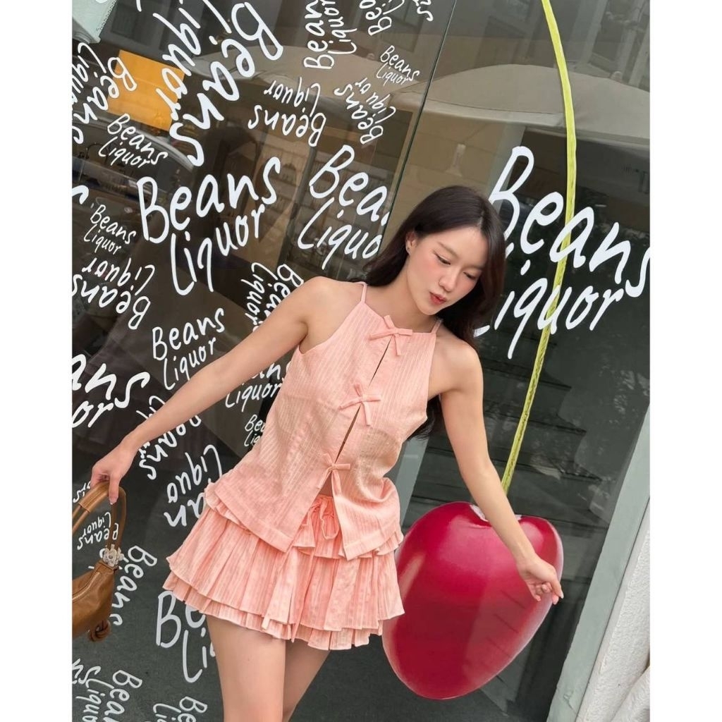 Nayeon Ribbon Vest with Layered Mini Skort Set / Setelan Korea Vest Rok