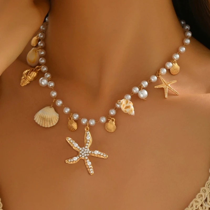 2Pcs 1Set Kalung Kerang Aksesoris Bintang Laut Kalung Kerang Laut Gelang Motif Laut Laut Gaya Laut