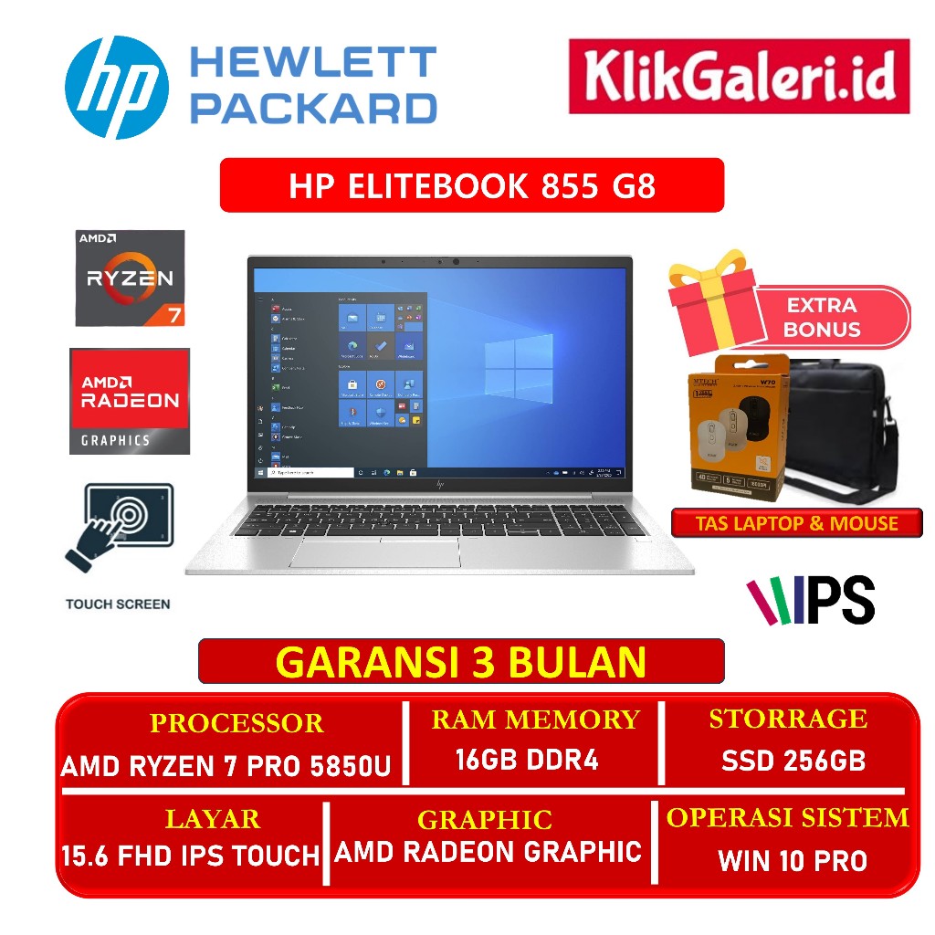 Laptop Kerja HP Elitebook 855 G8 Amd Ryzen 7 Pro 5850U 16GB 256GB  Win10Pro Silver Ex Display