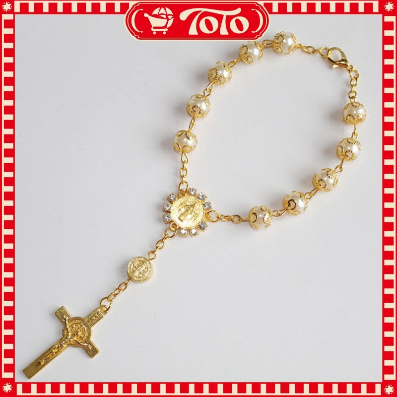 Liontin Rosario Katolik 8MM Mutiara Imitasi Salib Untuk Ibadah Rosario Dan Aksesoris Fashion Wanita 