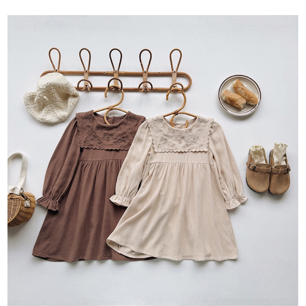 Kejora - Adelle dress anak perempuan coklat cream lebaran cewe lengan panjang korea style