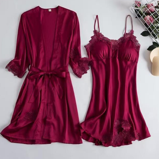 Piyama Victoria Secret Lace Sutra Kimono Dress+Outer Lingerie Renda Set 2 in 1