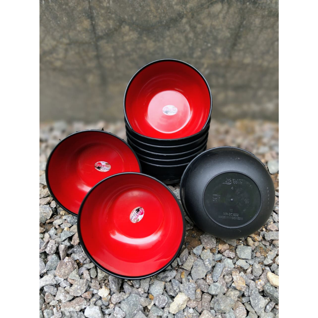 Mangkuk Mie Ramen Plastik Mangkok Bakso Mangkok Bubur Merah Hitam Motif Ulir Serbaguna