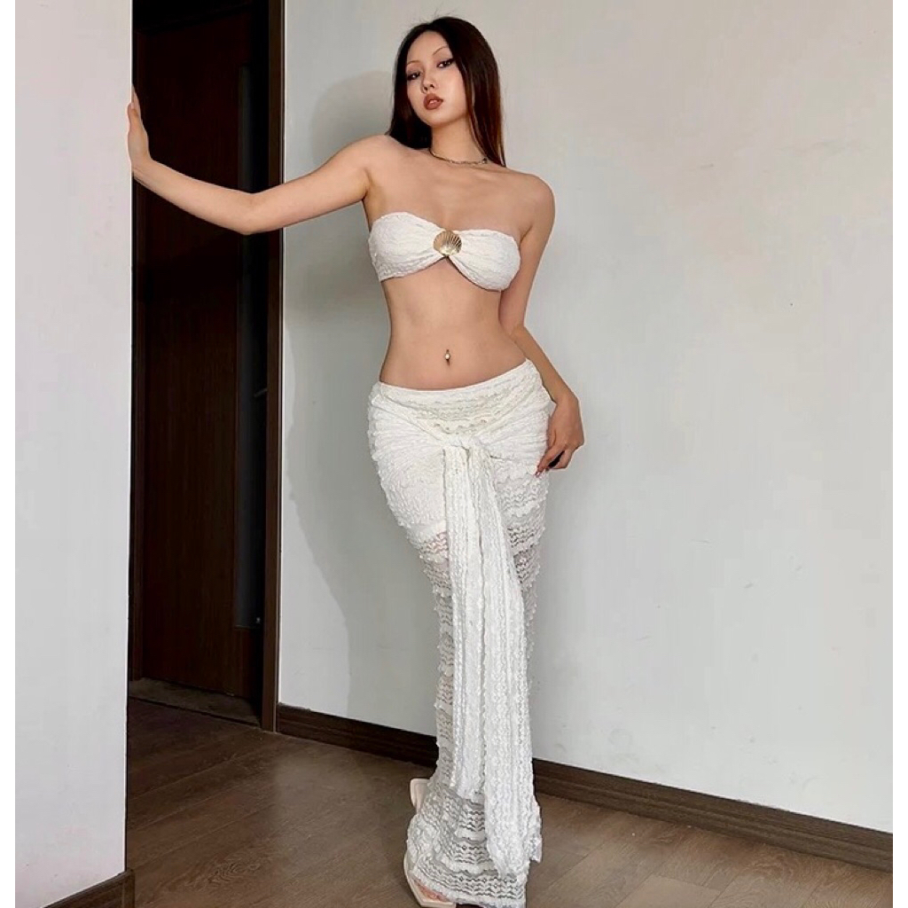 White Top Skirt Set Wanita Impor SS0312 White sexy party set/ beachclub / beachwear