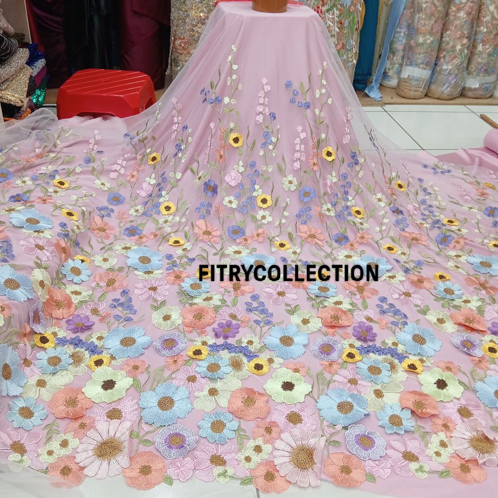 KAIN/BAHAN TILE BORDIR GARDEN 3D/BORDIR BUNGA TIMBUL