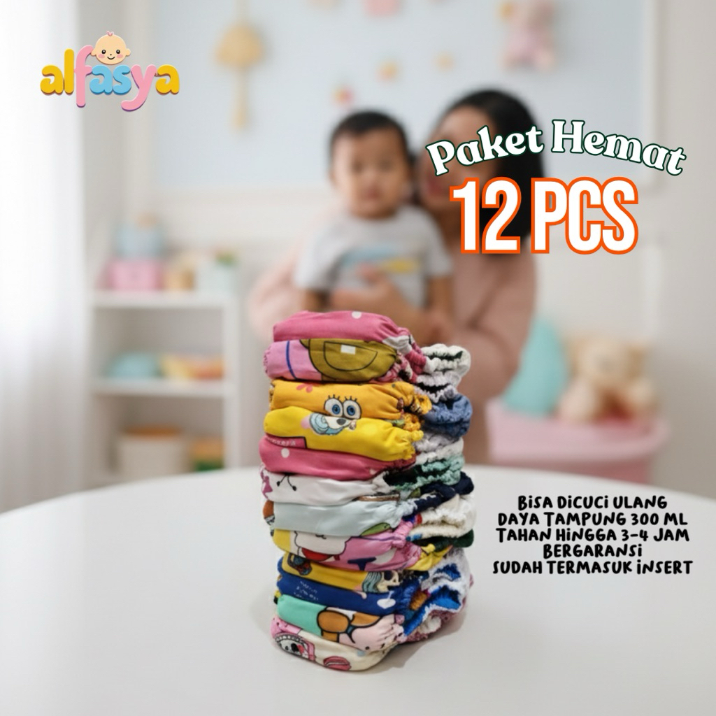 [12 PCS] Popok Bayi Popok Cuci Ulang Clodi Celana Anti Bocor AIO Paket Hemat Baby Alfasya