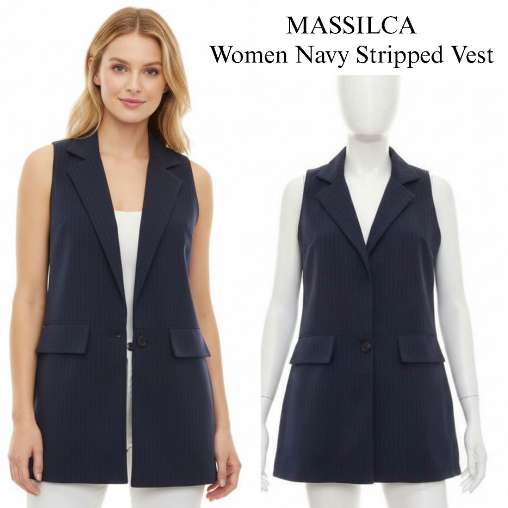 MASSILCA Women Sleeveless Navy Stripped Vest /Vest Wanita Terbaru/Vest Wanita/Vest wanita