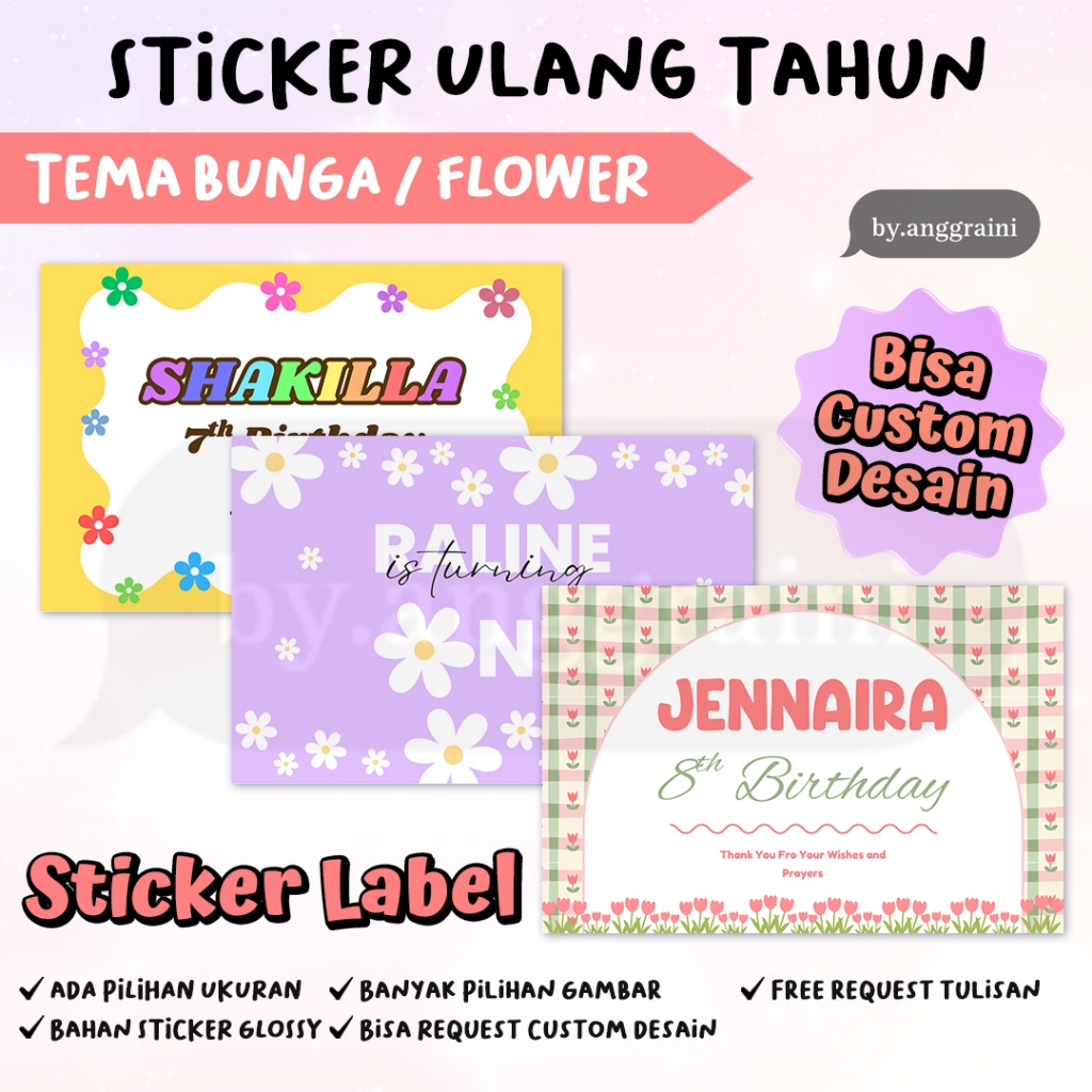 Sticker Ulang Tahun Tema Bunga / Flower - Stiker Label Kotak Nasi Bento - Ultah Anak
