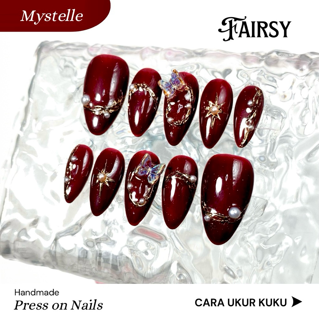FAIRSY.ID Press On Nails Mystelle Nail Art Kuku Palsu Wedding Deep Red Maroon Gold Handmade Cantik E