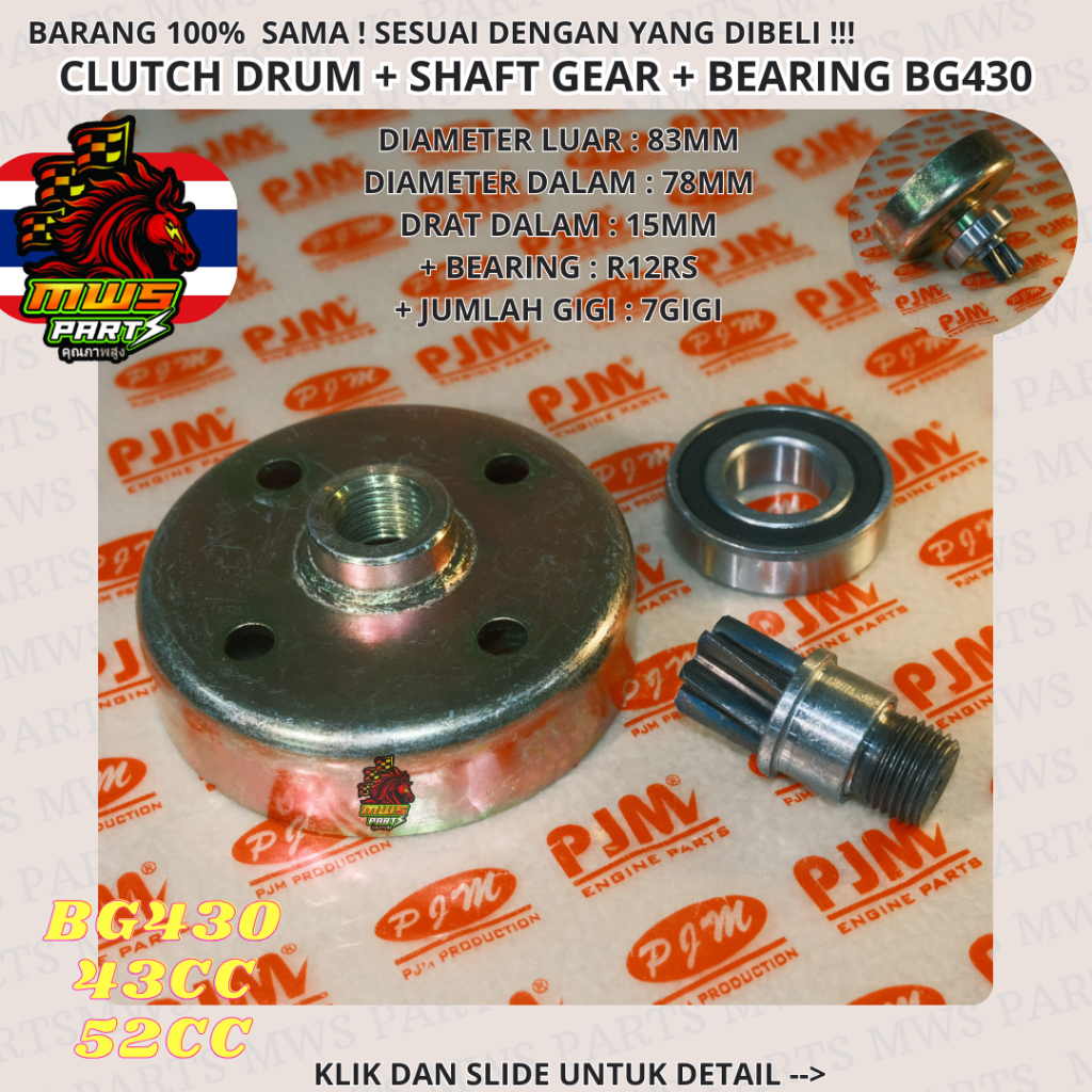 CLUTCH DRUM + GEAR + BEARING BG430 RUMAH KAMPAS RUMAH KAIN KLOS PLUS SHAFT GEAR PLUS BEARING UNTUK M