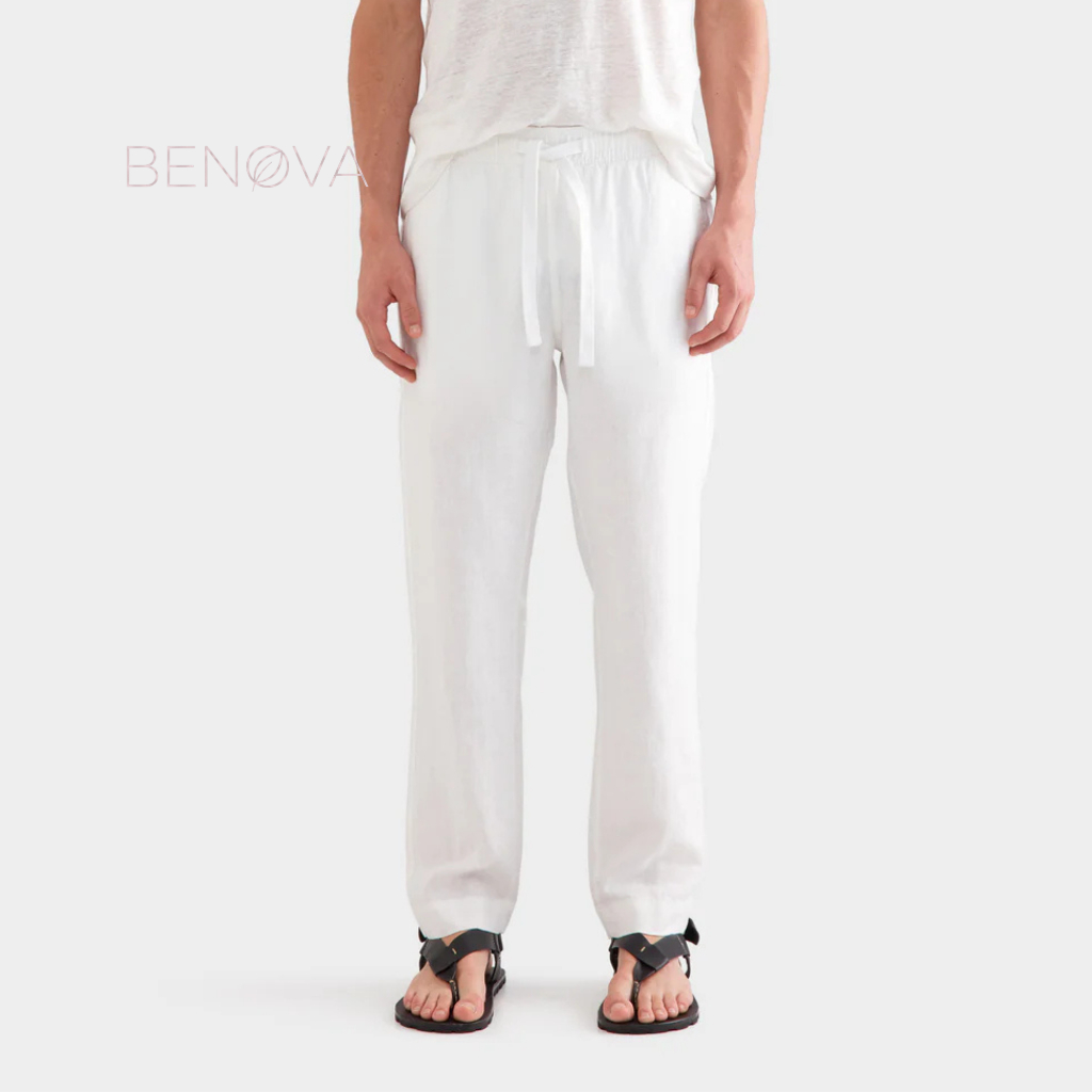 BENOVA Celana Panjang Linen Pria Mens Linen Loosepants - Off-white