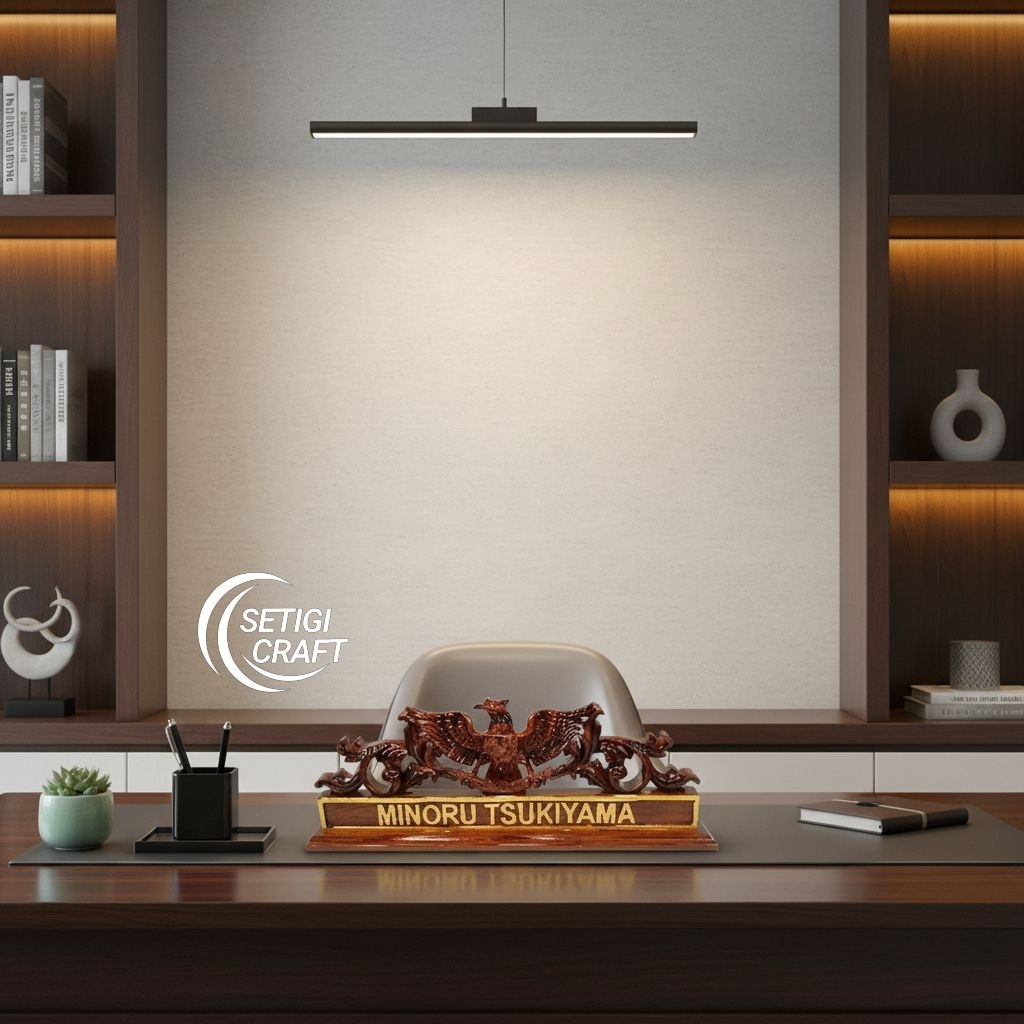 Hiasan Meja Kerja Papan Nama Berukir Garuda Kayu Jati