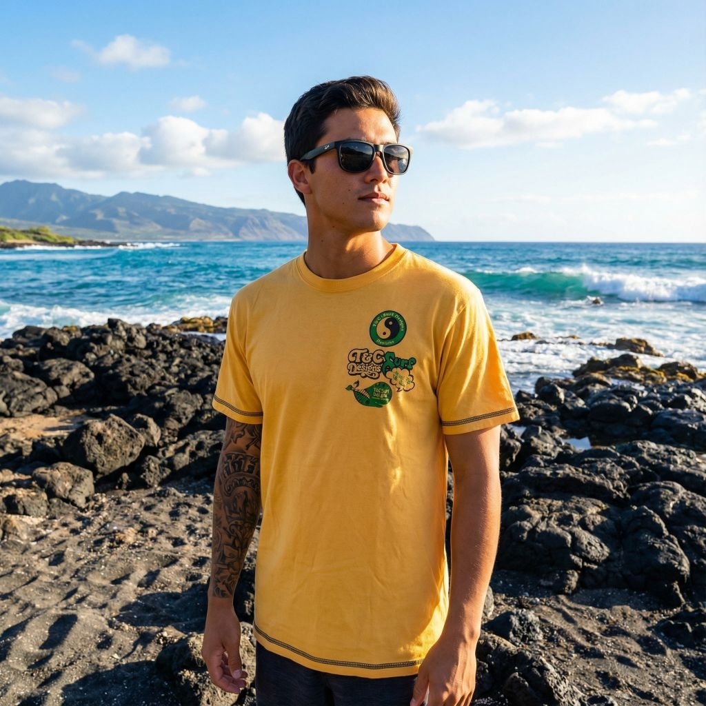 (Kaos Branded) T&C Surf Designs Hawaii "Surge Of The Sea Logo" Sportswear Hawaiian Graphic Tee