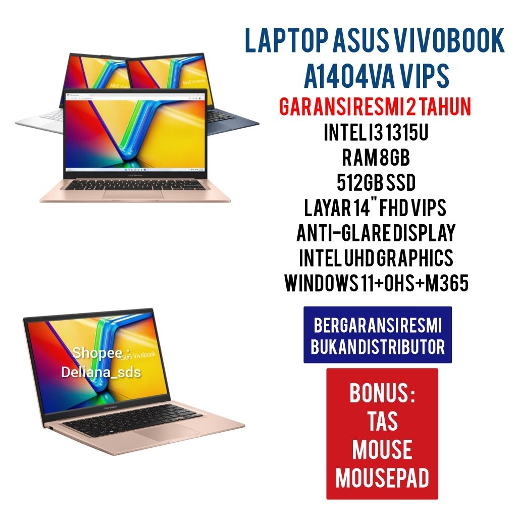 Laptop Asus A1404VA VIPS Intel Core i3 1315U 8GB/512GB SSD 14" FHD VIPS Garansi Resmi 2 Tahun Laptop