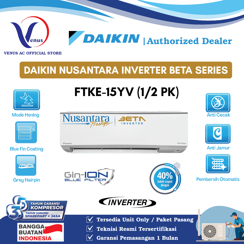 AC DAIKIN 0.5 PK 1/2 PK INVERTER BETA FTKE-15YV NUSANTARA SERIES TIPE TERBARU