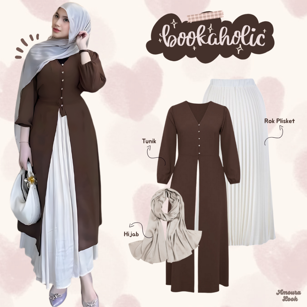 Setelan Outfit Wanita Kekinian ( Tunik + Rok Plisket + Pashmina Silk ) One set OOTD Remaja 3 in 1 - 