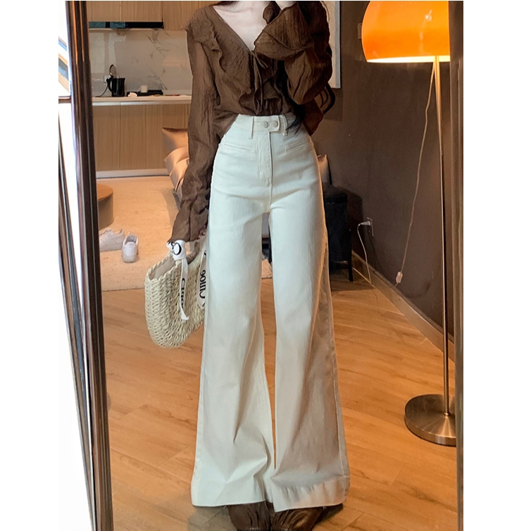LL Jeans korea style Krem Highwaist A-Line Celana JeansWanita Baggy Celana Denim realpict