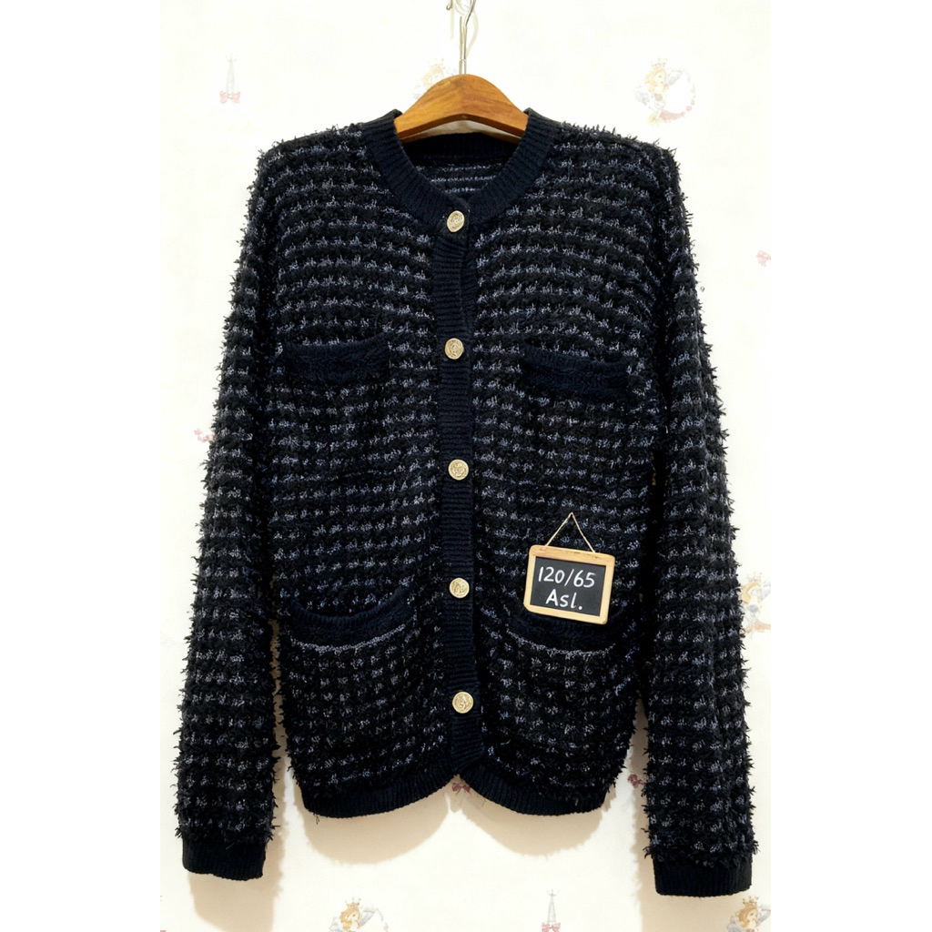 120/75 cardigan rajut knit bulu kepang wanita jumbo hitam putih
