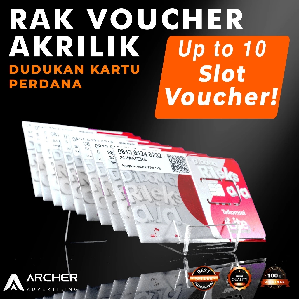 TEMPAT TATAKAN RAK KARTU VOUCHER PERDANA 10 SLOT LEBAR 3,5 CM AKRILIK