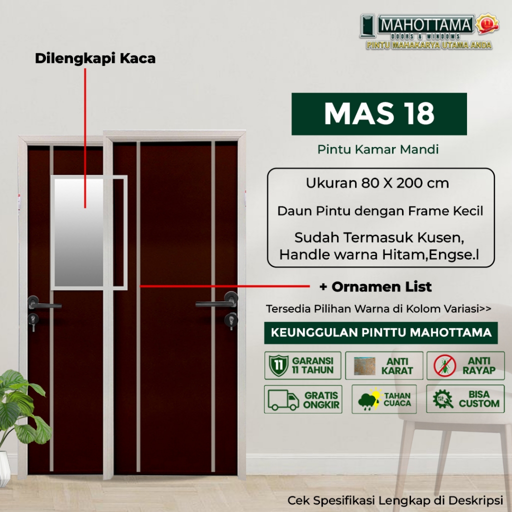 MAHOTTAMA MAS18 - Pintu Kamar Tidur / Gudang / Kamar Mandi Aluminium 80 x 200cm Rumah 1 Set Kusen Ku