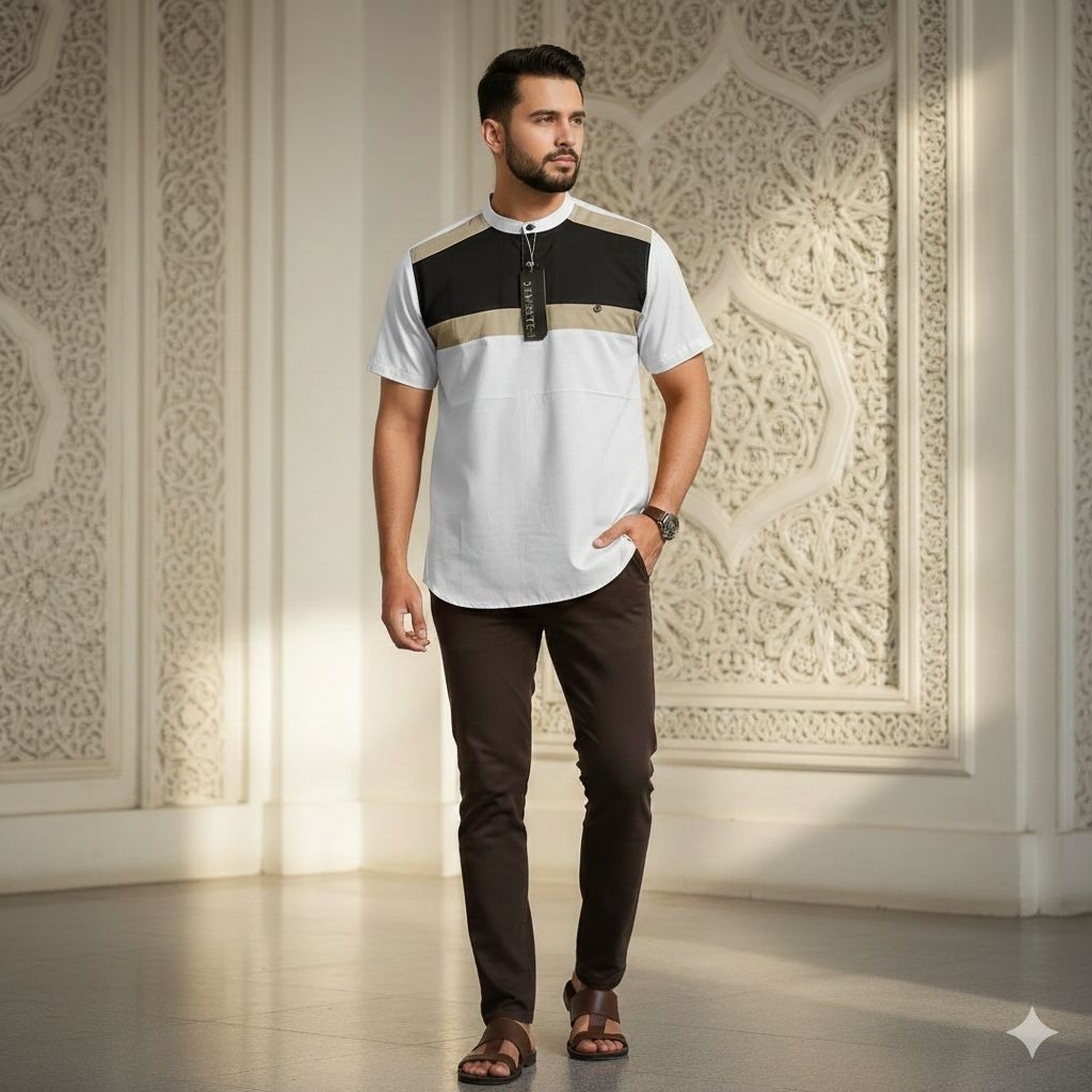 Baju Koko kurta pria Muslim lengan pendek kerah Shanghai