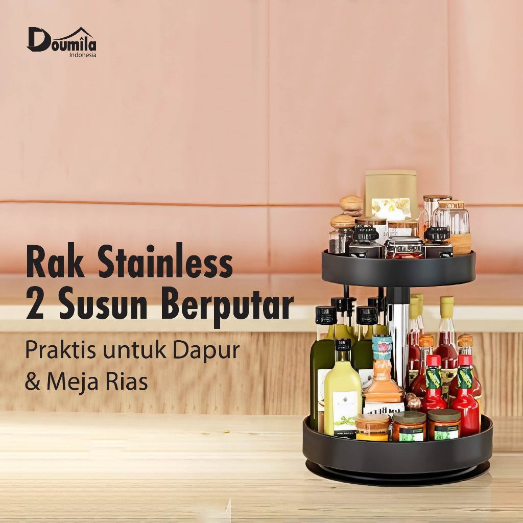 Doumila - Rak Bumbu Dapur Putar 360 Derajat - Rak Dapur 2 Susun Full Besi - Rak Skincare Serbaguna