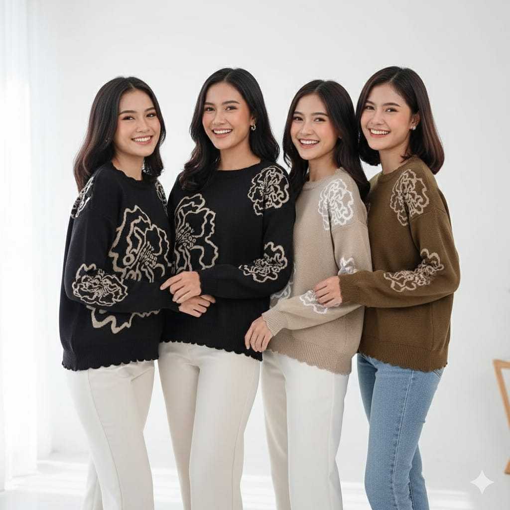 Sweater Rajut Best Seller VEONY  | Atasan Rajut Korean Premium Tebal Motif Bunga Renda