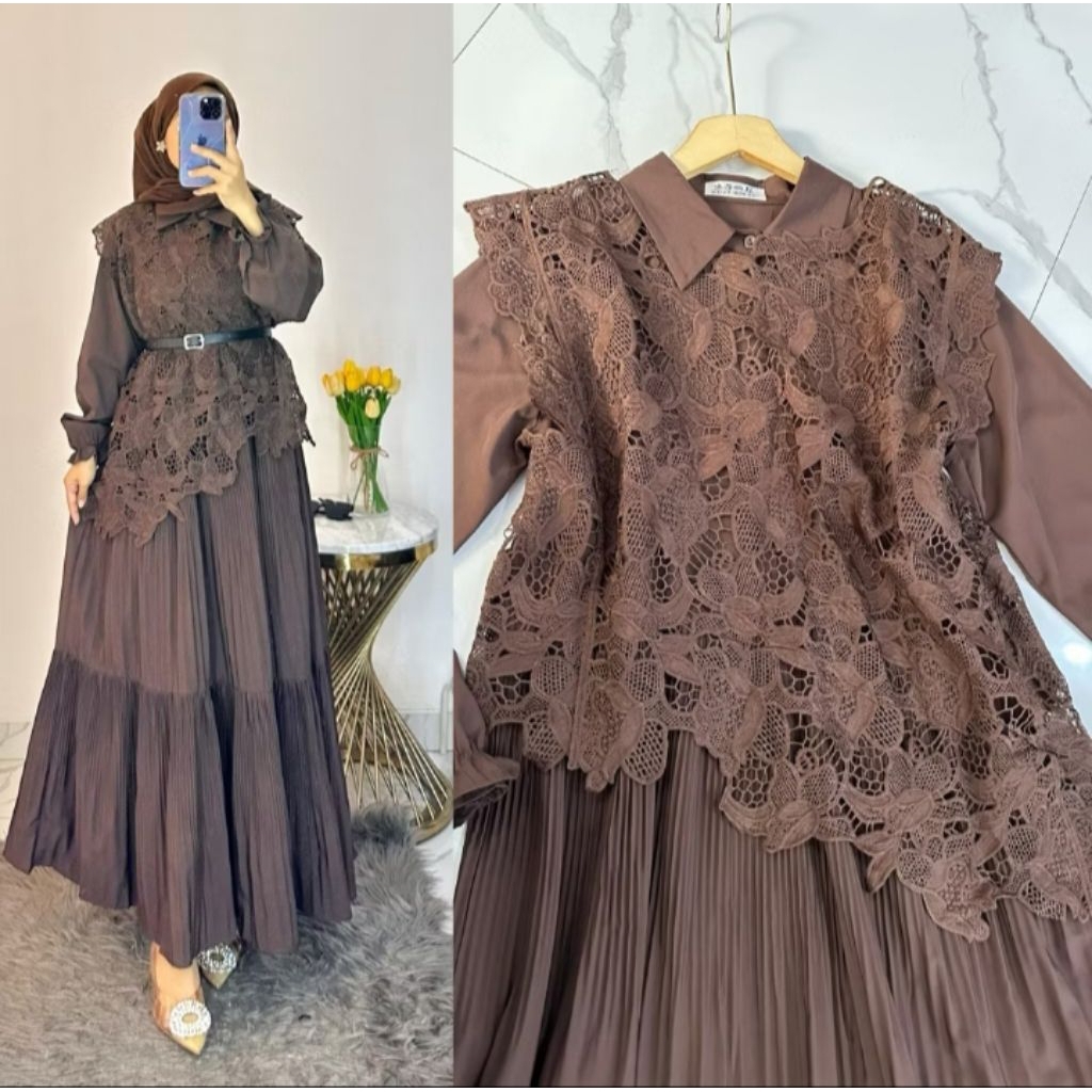 Midi Najwa Vintage/ Dress Plisket 2in1 Free Belt Fashion Muslim Kekinian Gamis  Wanita