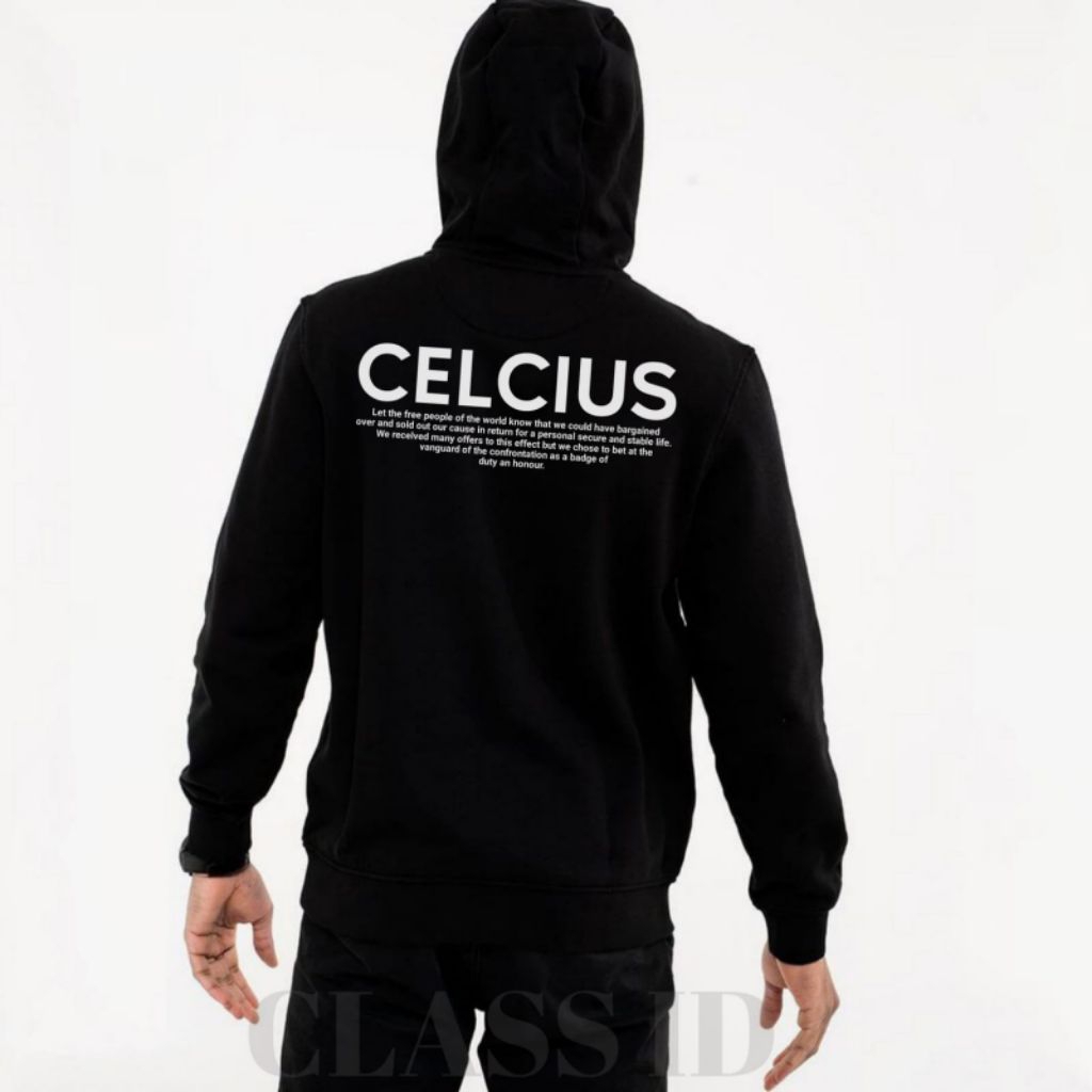 HOODIE CELCIUS BLACK UNISEX SWEATER DISTRO MARCA DEL CELCIUS LOGO