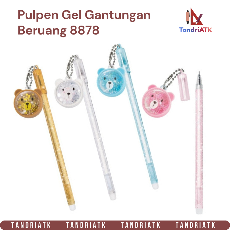 [1 Lusin/ 12 Pcs] Pulpen Bolpen Gel Pen Gantung Glitter Beruang Bear 8878 | Gantungan Skateboard Cap