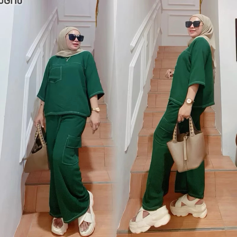 Setelan Cargo Wanita Tasya Crincgkel Airflow One Set Jumbo Nyaman Dipakai LD 110 120 130