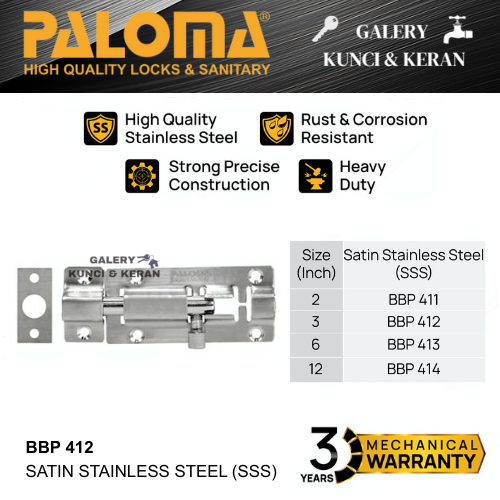 PALOMA BBP 412 Barrel Bolt Grendel Slot 3 Inch Kunci Pintu Jendela Kayu Satin Stainless Steel