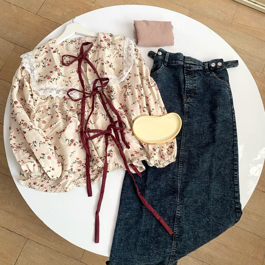 PAKET OOTD | VELISHA ONE SET ( BLOUSE + HIJAB + ROK JEANS )