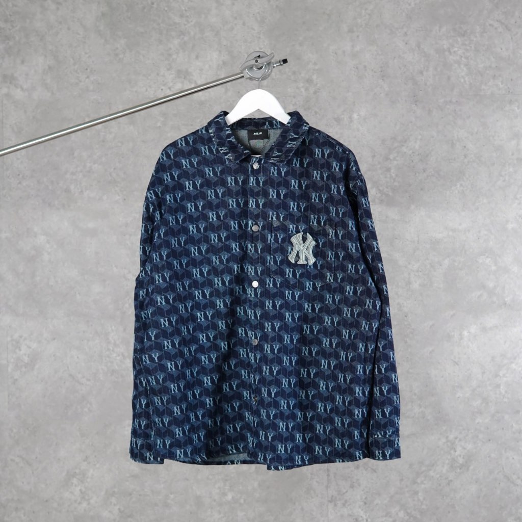 Kemeja MLB NY MONOGRAM STRIPE DENIM NAVY LONG SHIRT 100% ORIGINAL