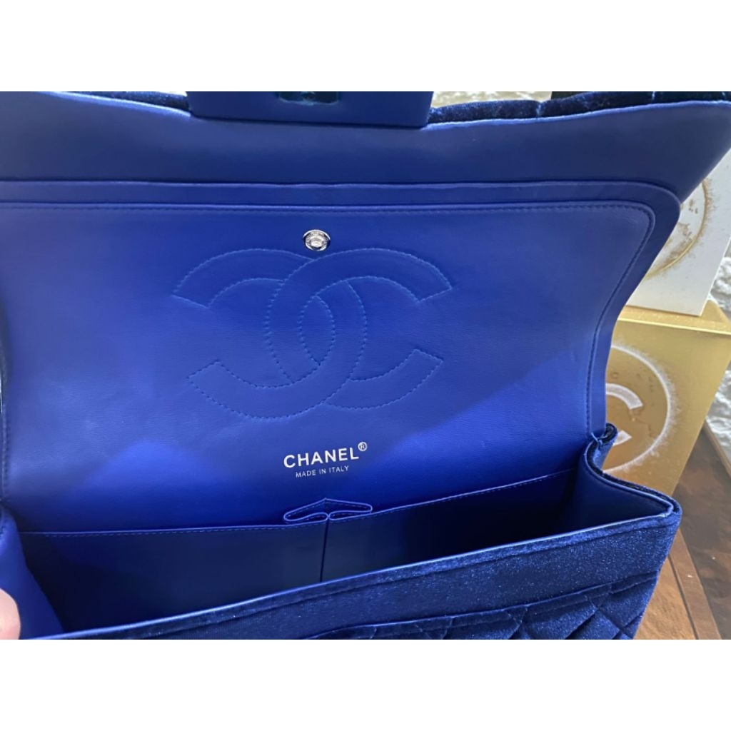 Chanel Blue Quilted Velvet Jumbo Classic Double Flap Bag