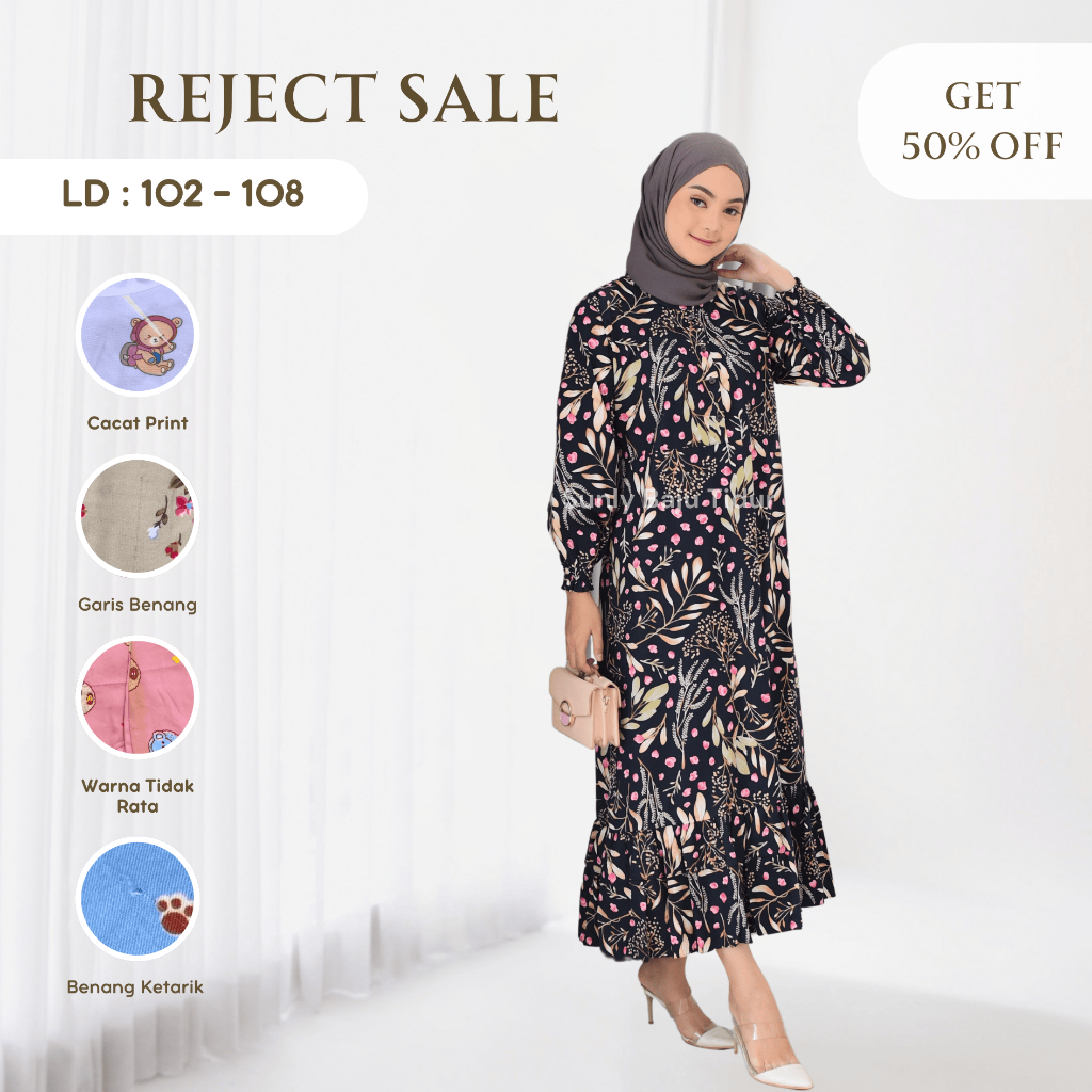 REJECT SALE |  Gamis Katun Lengan Panjang | Gamis Sunly Motif Terbaru | LD 102 - 108 CM