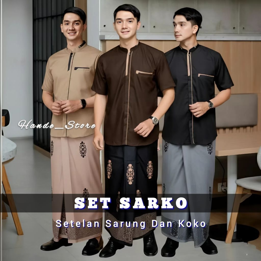 Set Sarko Setelan Sarung Dan Baju Koko Lengan Pendek Motif Yusuf Sarung Motif Sarwon Baju Koko Pria 