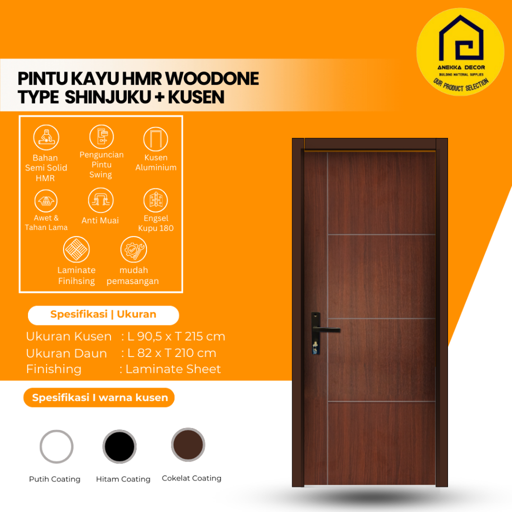 WOODONE Pintu Kayu HMR Type SHINJUKU ukuran 90,5 x 215 cm Finishing laminate set kusen aluminium , m