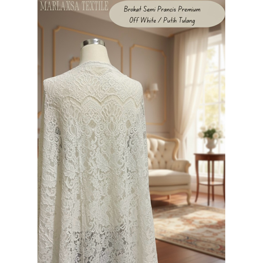KAIN BROKAT PREMIUM / CORD LACE PANEL SEMI PRANCIS / OFF WHITE / PUTIH TULANG