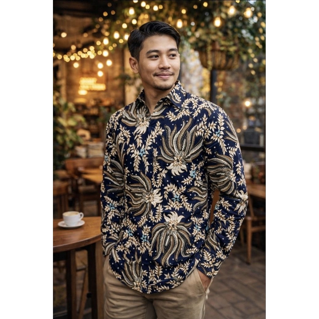 Karunia - Kemeja Batik Pria Lengan Panjang Cowok Premium Slim Fit Warna Biru Dongker Motif Bunga, Si