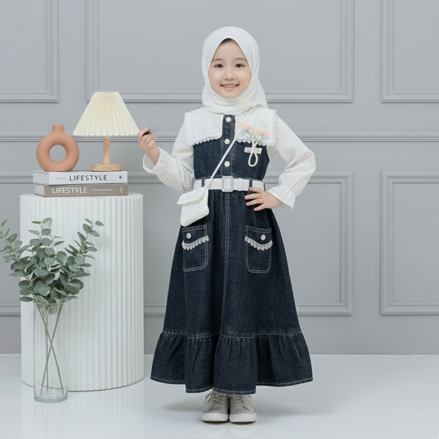 Gamis Brokat Jeans Snow anak Perempuan Kren Gaun Kekinian anak cewek Model Kombinasi Krah Kotak Free