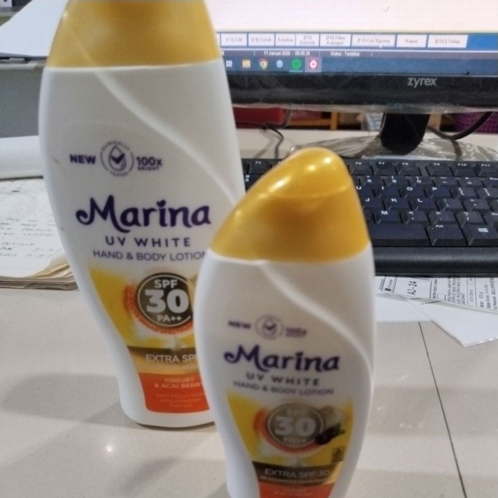 marina uv white hand & body lotion spf 30 besar kecil