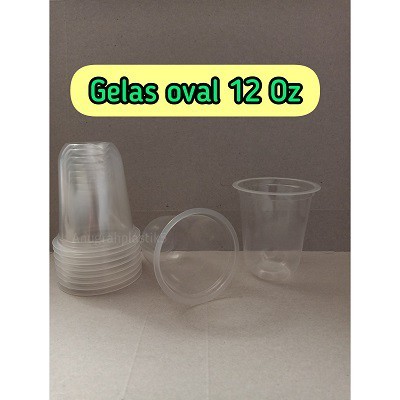 Gelas Oval 12 oz / Cup plastik uk 12 oz Pakai dan tanpa tutup NEW