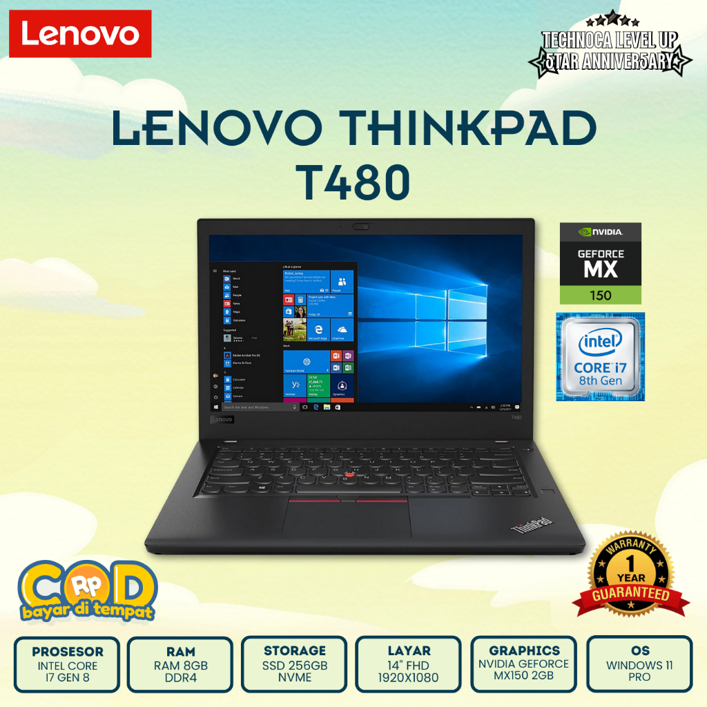 LAPTOP GAMING LENOVO THINKPAD T480 I7 GEN 8 RAM 8GB SSD 256GB NVIDIA MX150 2GB MULUS GARANSI 1 TAHUN