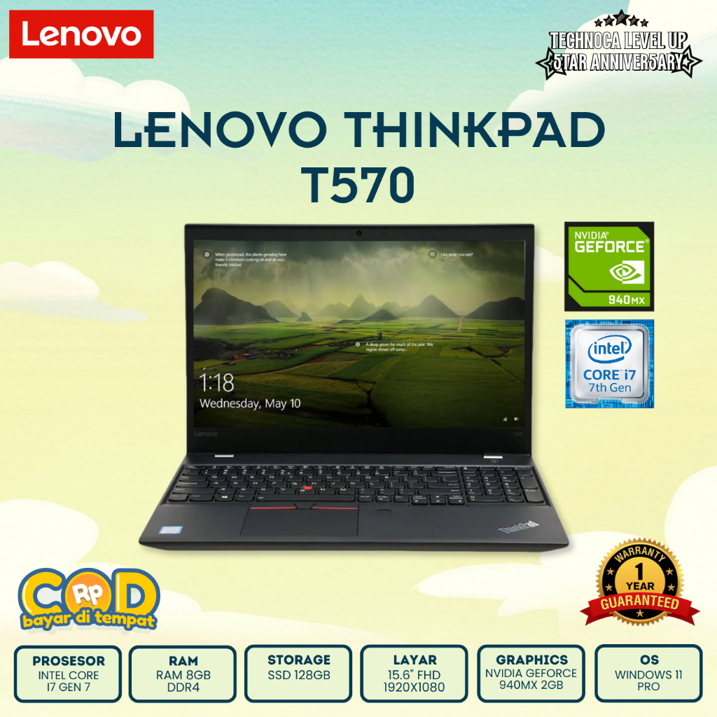 LAPTOP GAMING LENOVO THINKPAD T570 I7 GEN 7 RAM 8GB SSD 128GB NVIDIA GEFORCE 940MX 2GB GARANSI 1 TAH