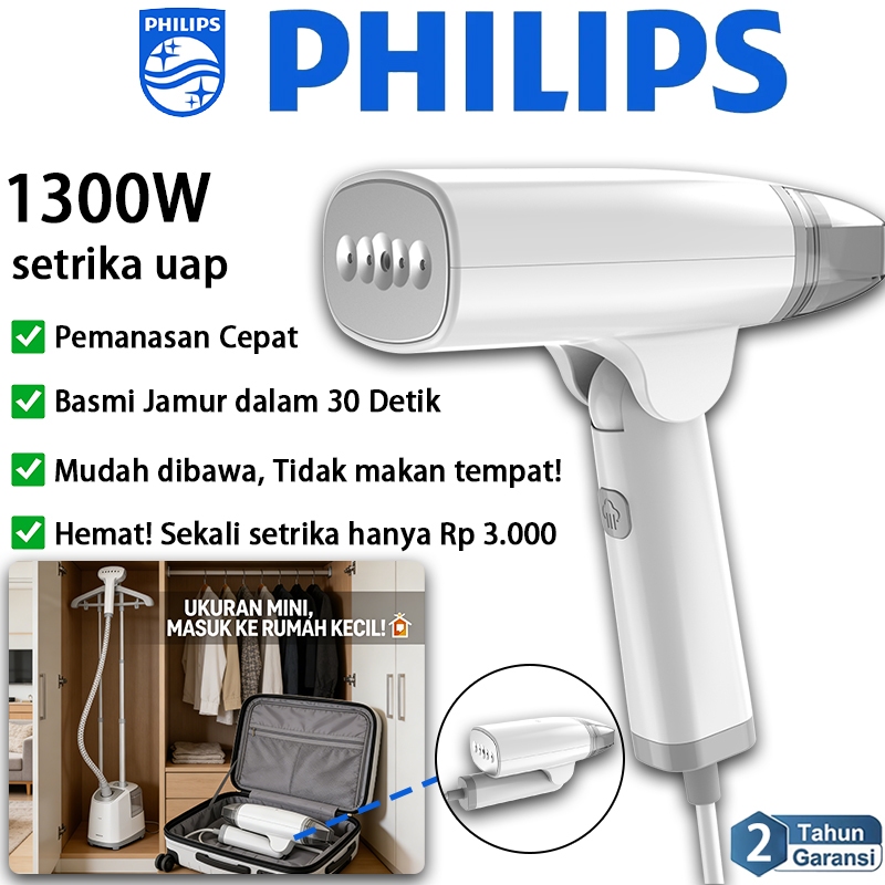 PHILIPS Setrika Uap 1300W Ukuran Mini Masuk Rumah Kecil Cepat 28 Detik Siap Pakai